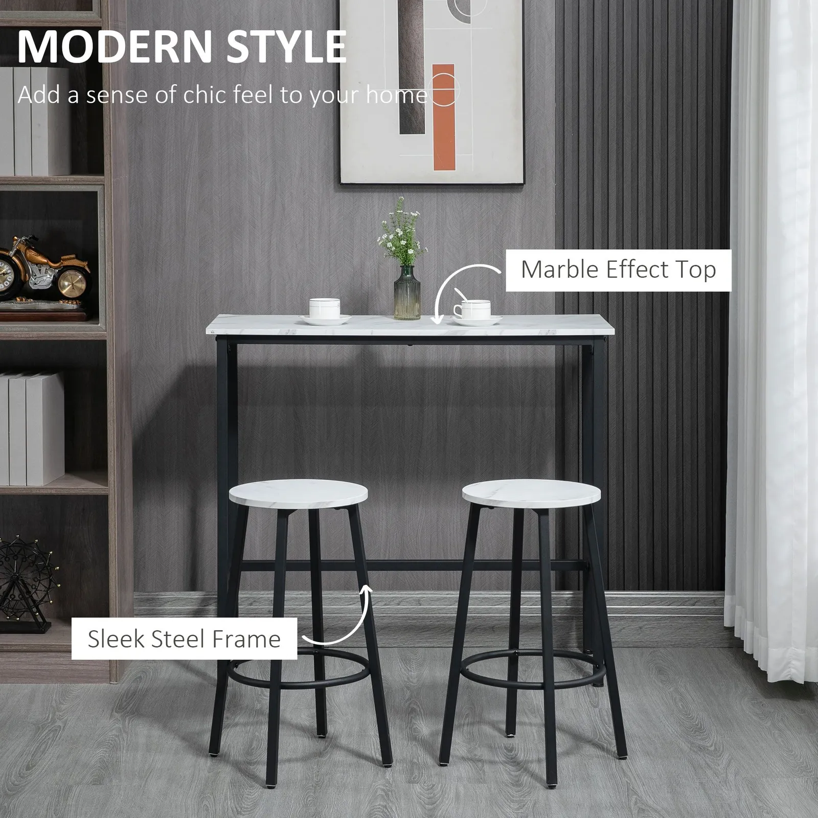 HOMCOM 3 Piece Bar Table Set for 2 with Stools Steel Frame Footrest White 6