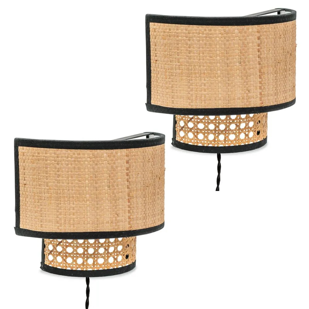 ValueLights Pair of - Plug in Natural Rattan Wicker Cane Easy Fit Wall Lights in Brown 2