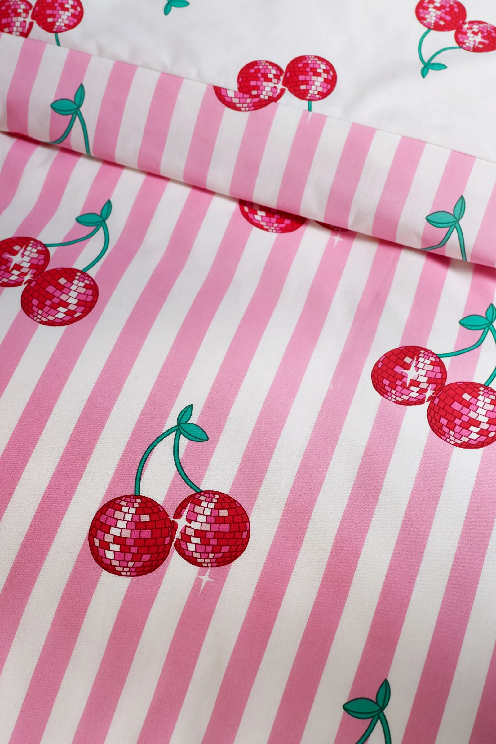 Catherine Lansfield 'Disco Cherries Stripes' Reversible Duvet Cover Set in Pink 4