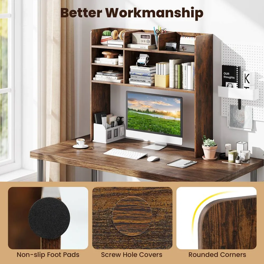 Costway Desktop Bookshelf Desk Hutch Shelf for Computer Monitor in Brown 6