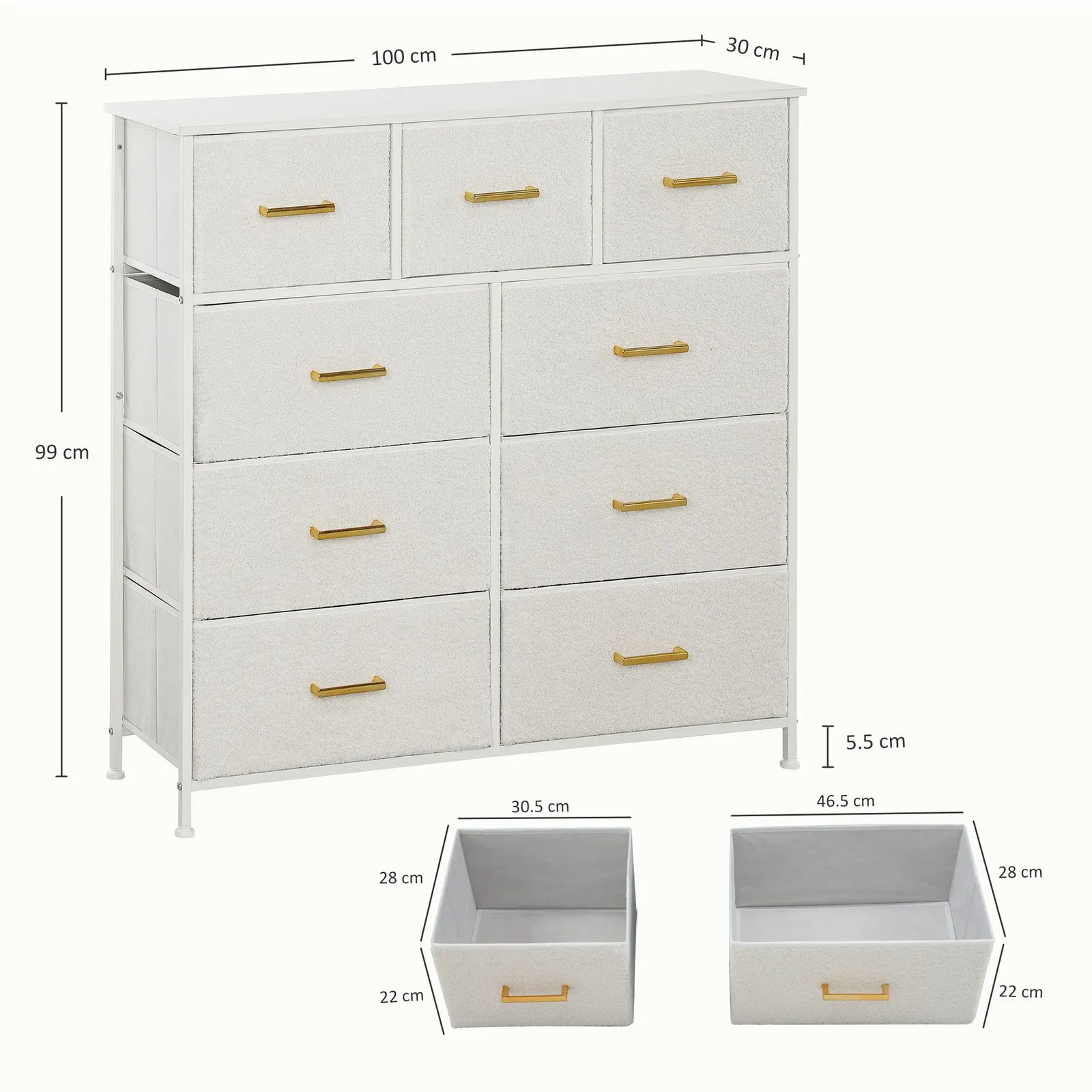 HOMCOM Chest of Drawers with 9 Drawers, Boucle Storage Organiser, Cream in White 3