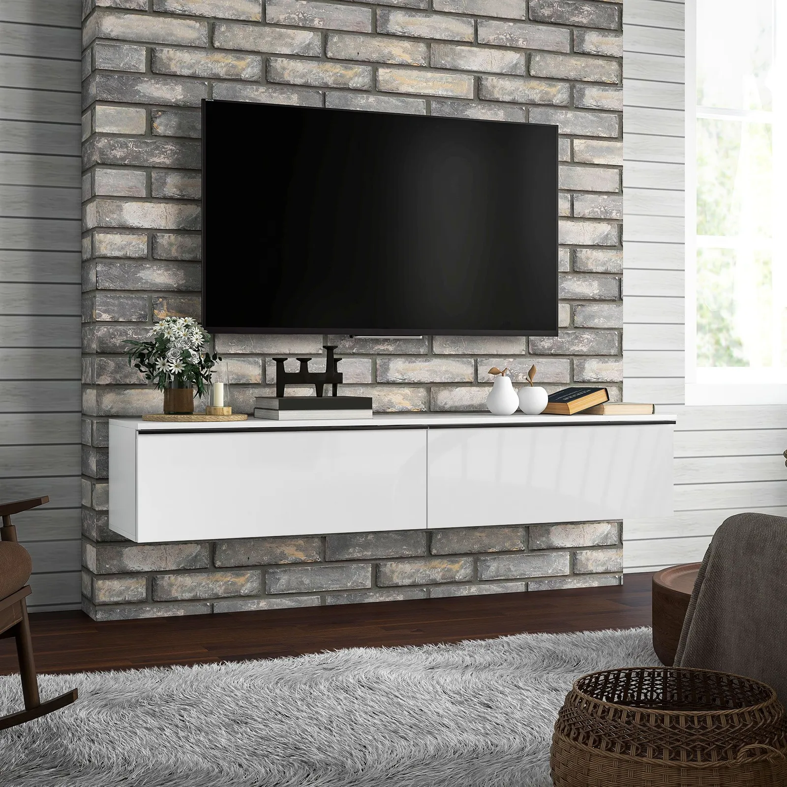 HOMCOM Wall Mounted TV Stand Unit with Storage & High Gloss Effect, White