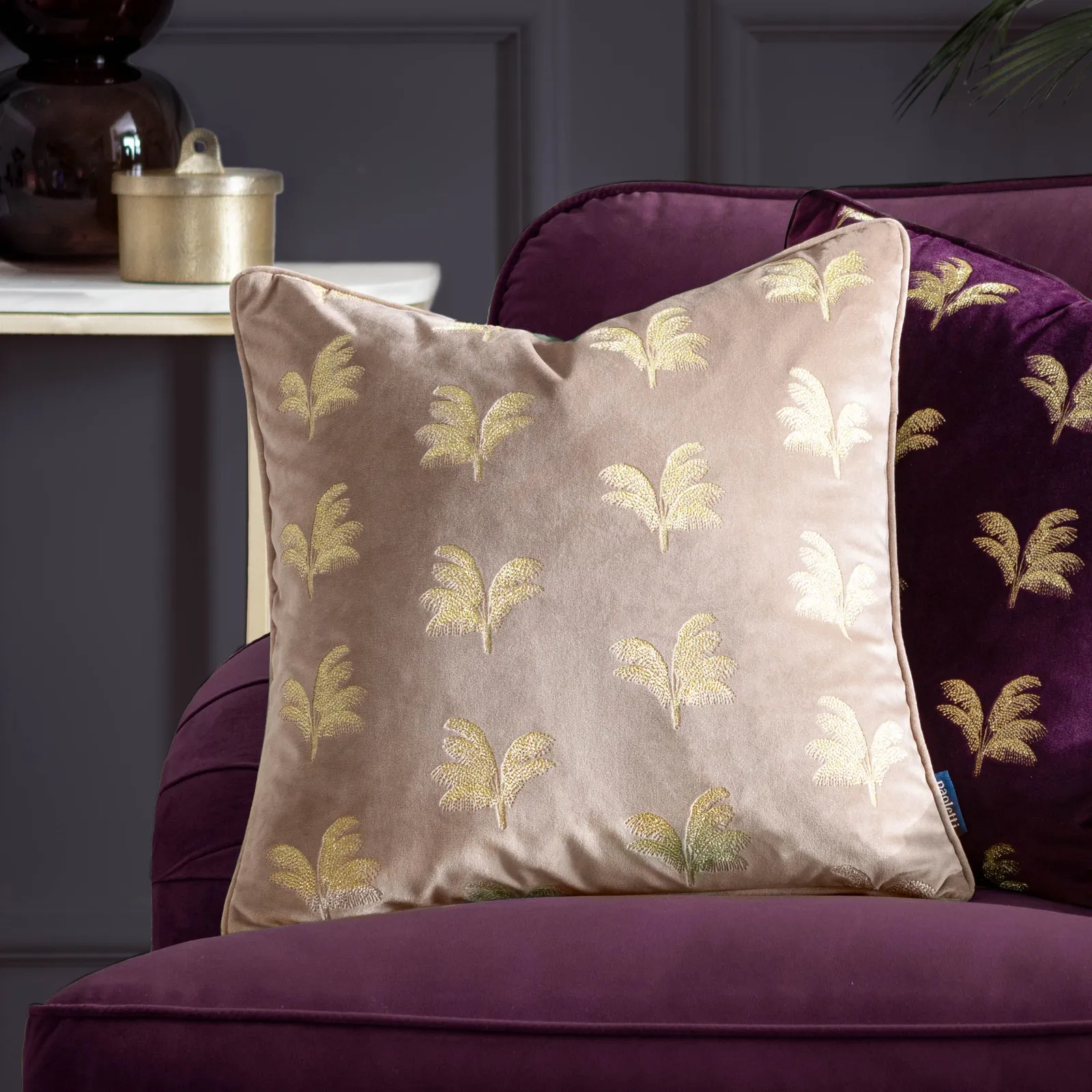 Paoletti Guilded Palms Embroidered Cushion in Light Brown