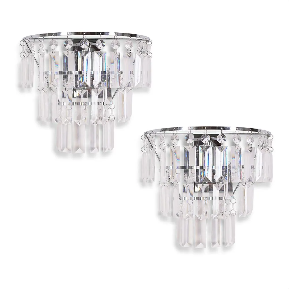 ValueLights Kelsks Pair of Chrome with Droplets Chandelier Style Flush Wall Lights in Silver 2