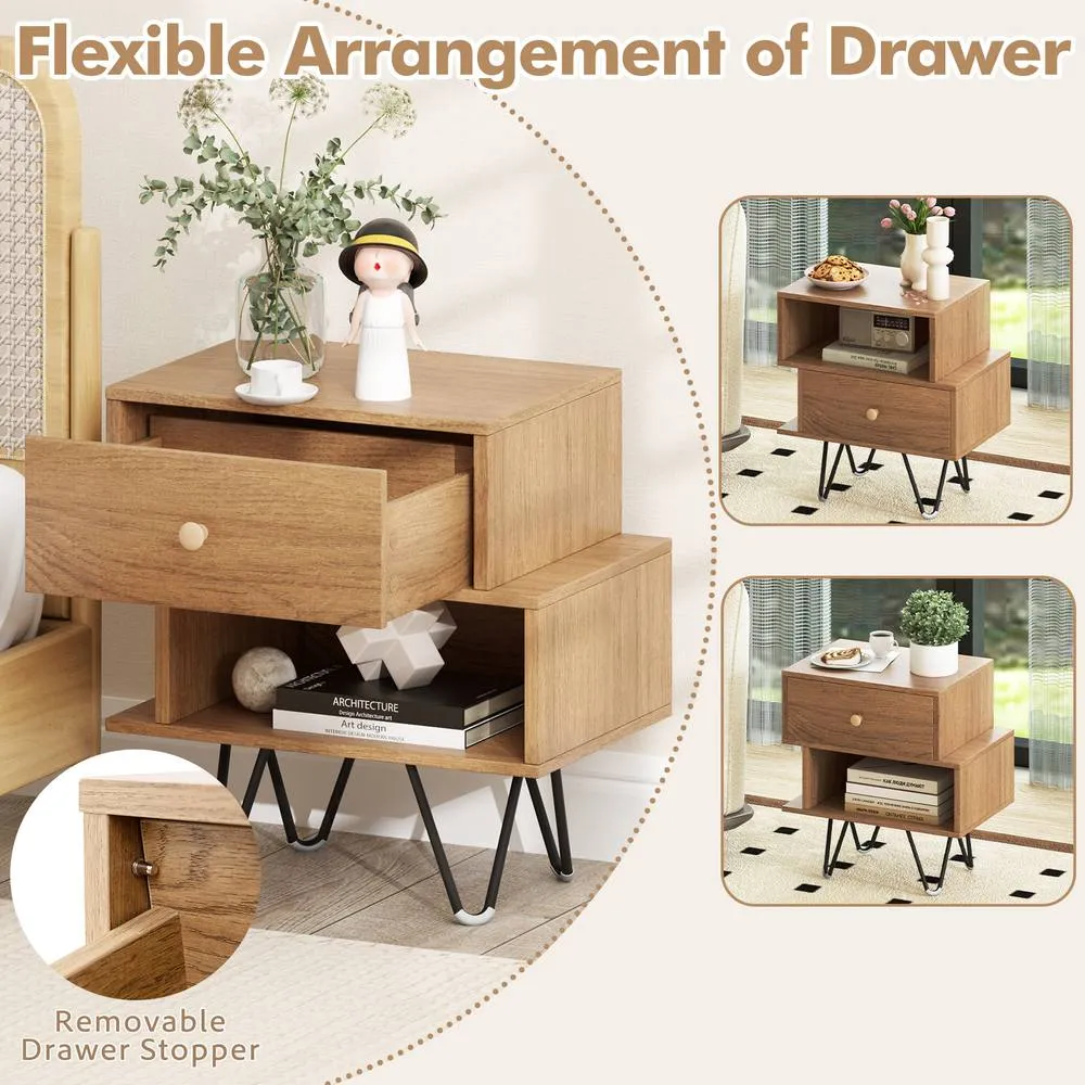 Costway Nightstand Set of 2 Mid Century Modern End Tables with Drawer-Natural in Brown 6