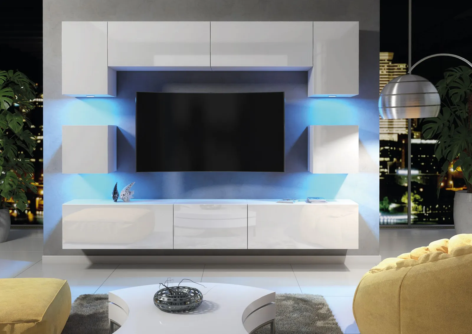 Creative Furniture Panorama Wall TV Unit - A Sleek & Modern Wall Cabinet with Gloss Doors & LED Lights in White 5