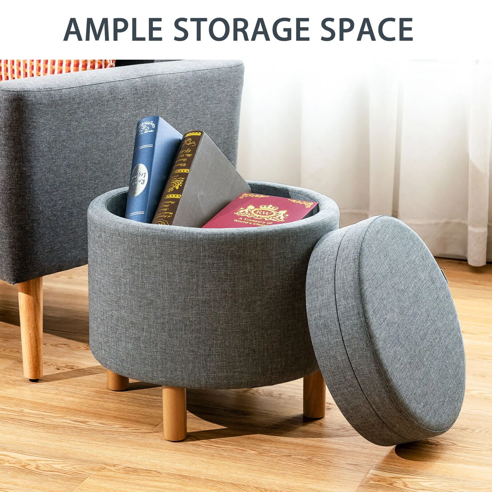 Costway Round Storage Ottoman w/ Tray Accent Fabric Storing Footrest w/ Non-Slip Pads in Grey 3