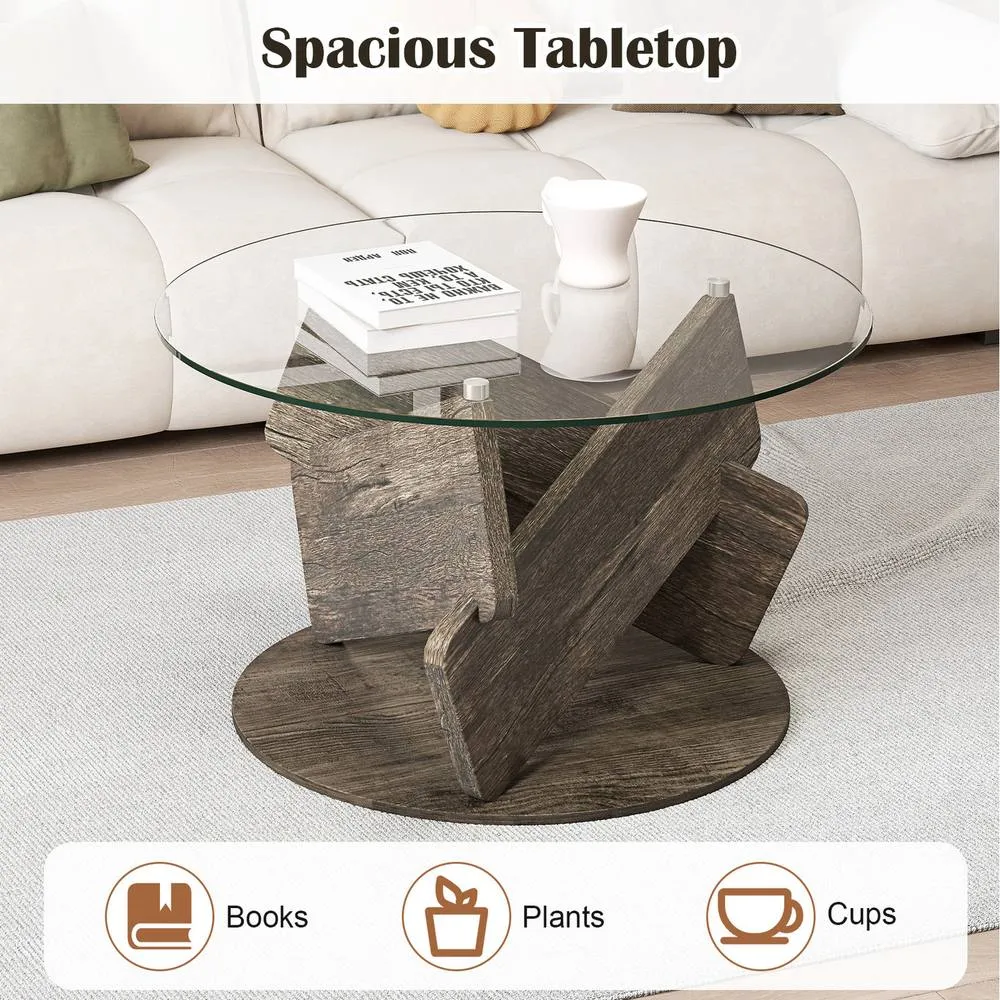Costway Round Glass Coffee Table 81cm Modern Center Table-Grey in Dark Brown 4