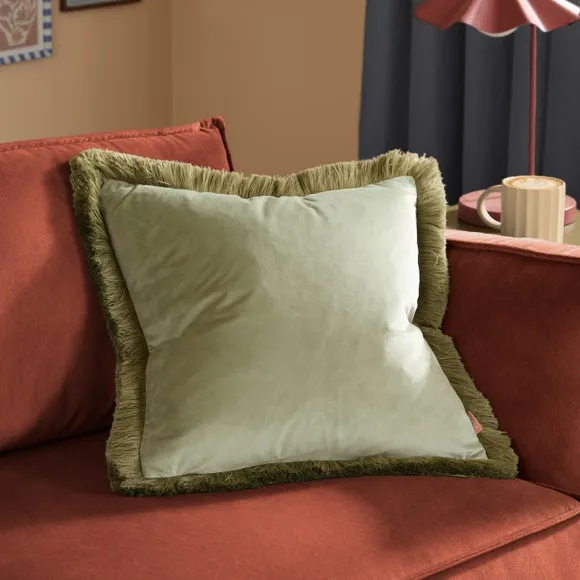 Furn Halo Fringed Velvet Cushion Green/Sage 50 X 50Cm, Green