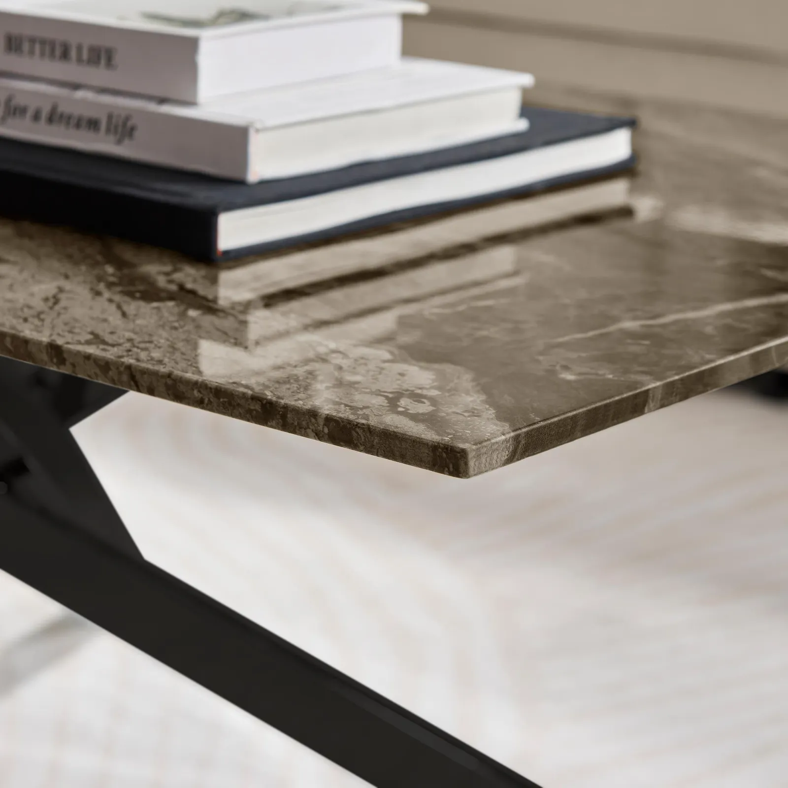 FurnitureboxUK Leonardo Rectangular Marble Effect Glass Top Coffee Table With Black Metal Starburst Legs in Grey 4