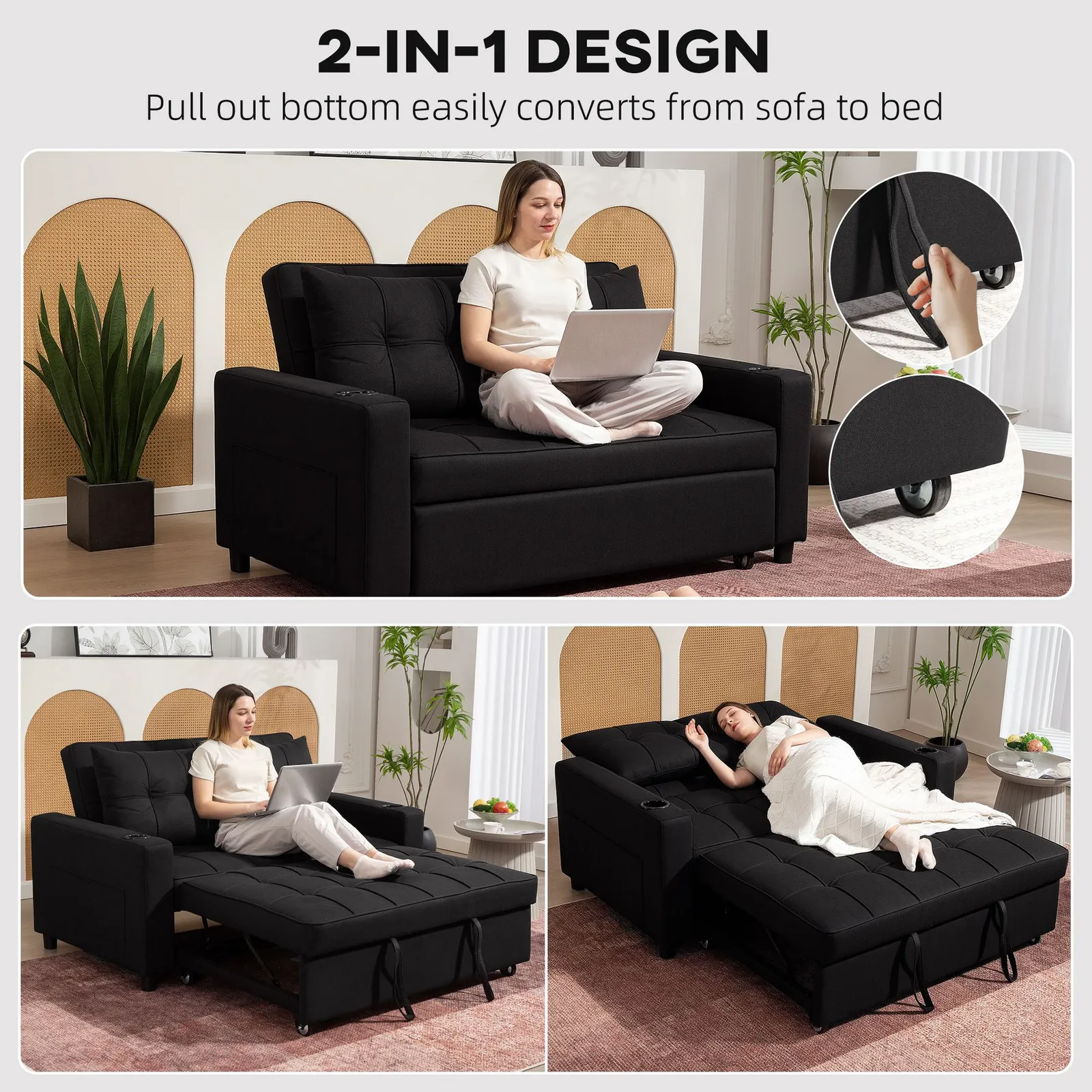 HOMCOM 2 Seater Pull Out Sofa Bed with Pockets for Living Room Black 4