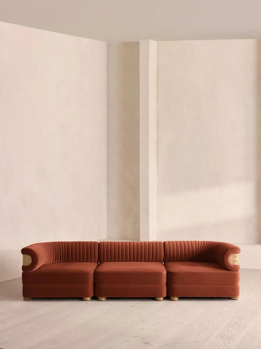 Caleb Modular Four Seater Sofa, Velvet, Rust, Blonde Burl