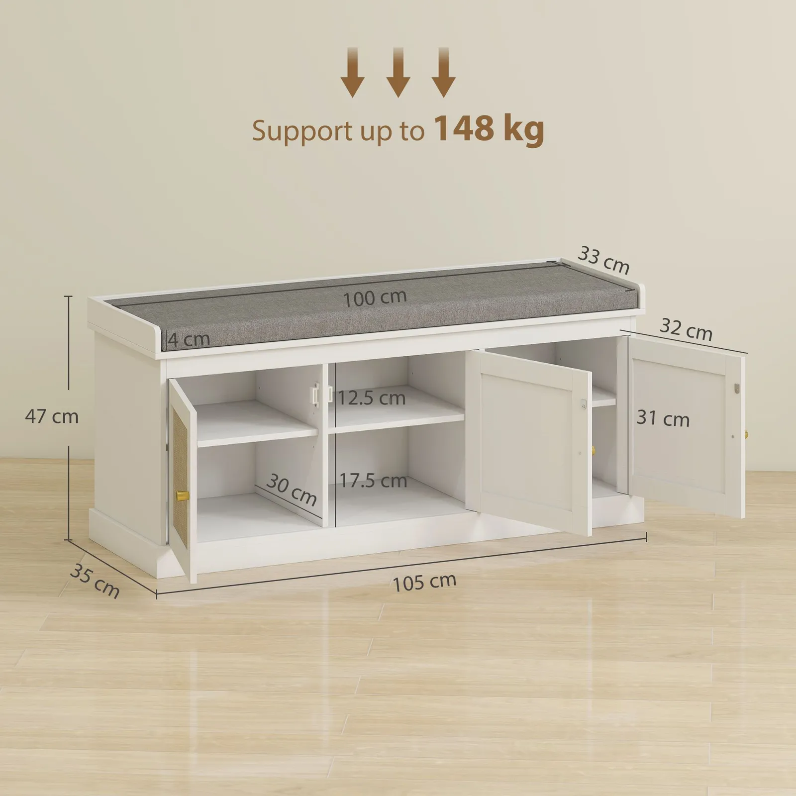 HOMCOM Shoe Storage Bench with Rattan Doors, Cushion, Entryway Shoe Bench in White 3