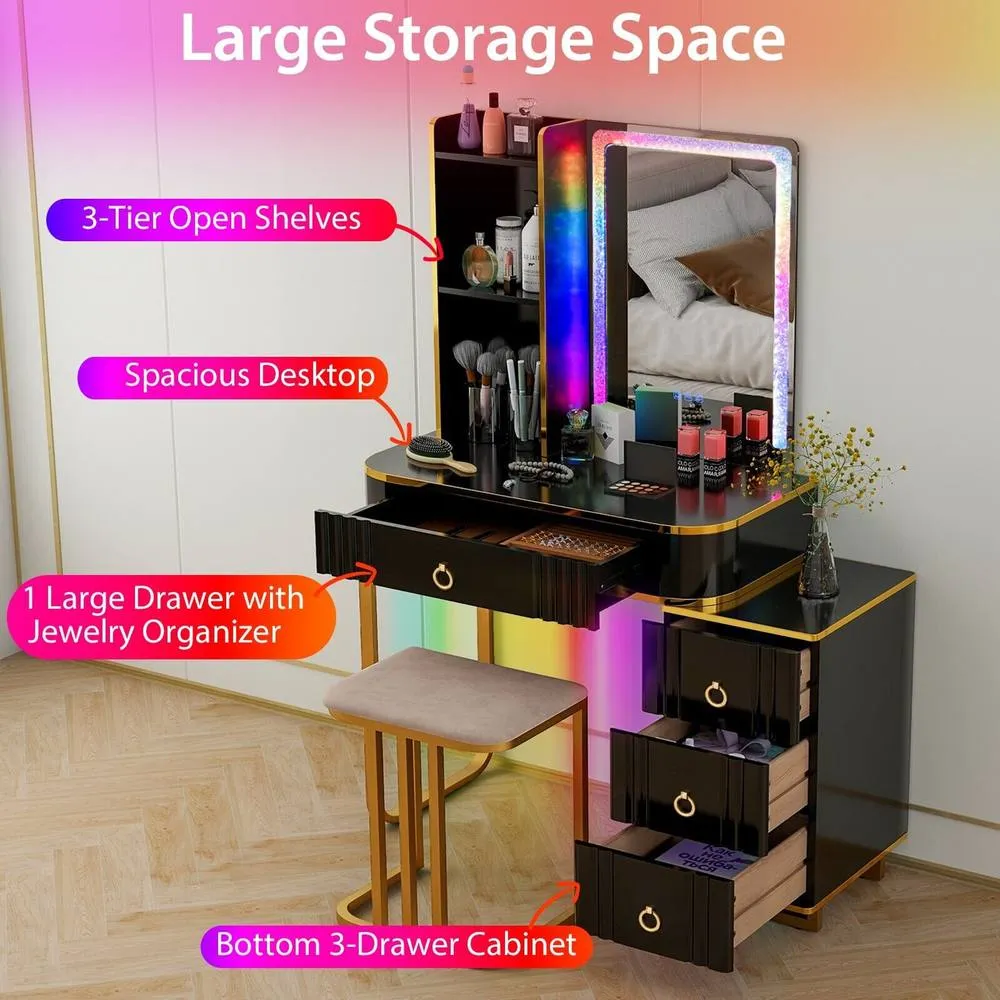 Costway Dressing Table & Stool Set w/Mirror RGB Lights & Charging Station in Black 4