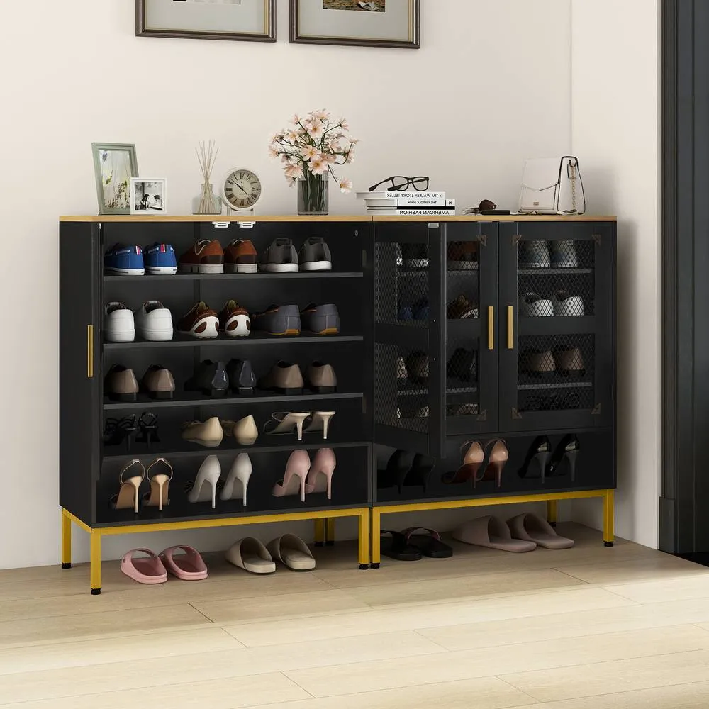 Costway Wooden 5-Tier Shoe Cabinet Modern Shoe Storage Organizer w/Glass Doors in Black 4
