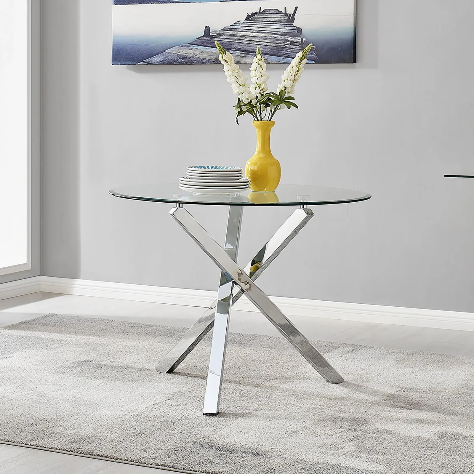 FurnitureboxUK Selina 100cm 4-Seater Striking Round Glass & Chrome Dining Table With Square Legs in Silver