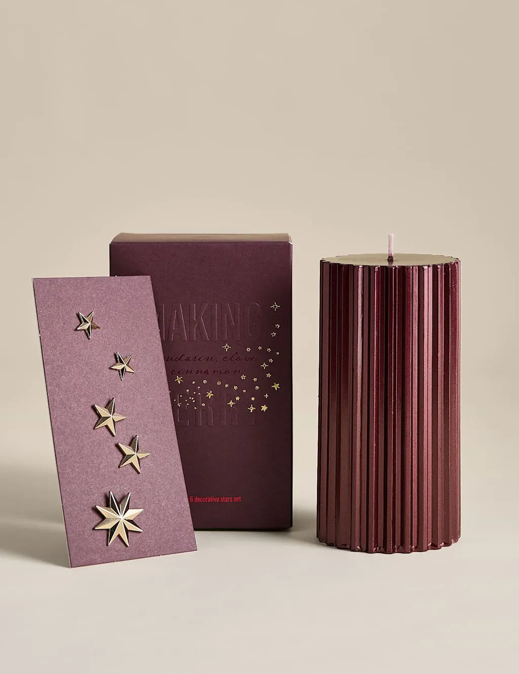 M&S Mandarin Clove & Cinnamon Pillar Candle with Star Pins Red Mix