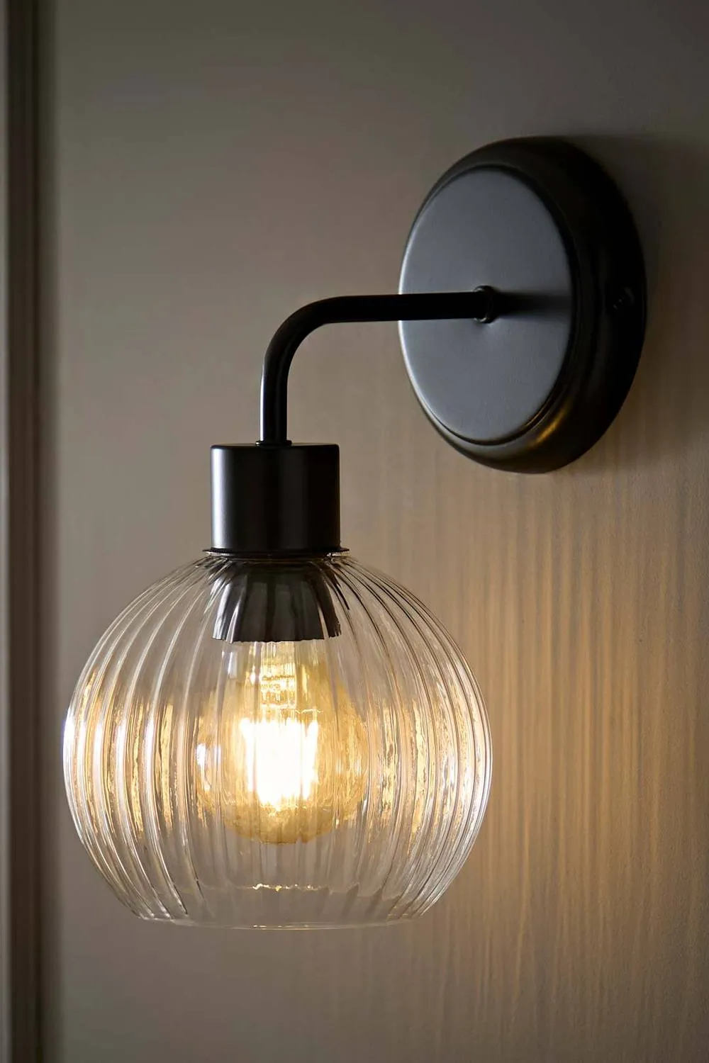 ValueLights Maddison Pair Clear Ribbed Glass Globe Metal Wall Lights & Bulbs in Black 4