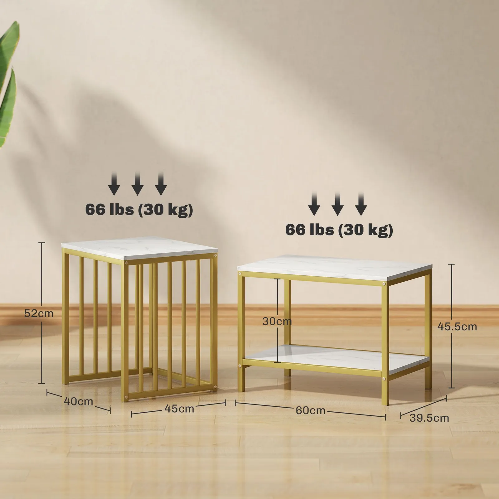 HOMCOM Modern Coffee Table Set of Two w/ Steel Frame Marble-Effect Gold Tone 3