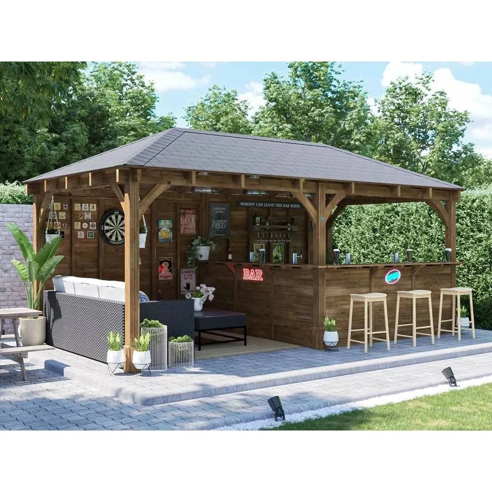 Dunster House Garden Bar 6m x 3m Wooden Outdoor Pub Shed Leviathan Back Wall in Brown 2