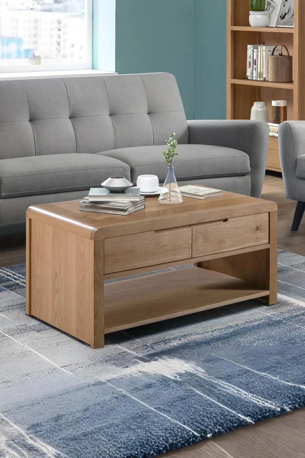 Julian Bowen Curve 2 Drawer Coffee Table with Shelf in Light Oak