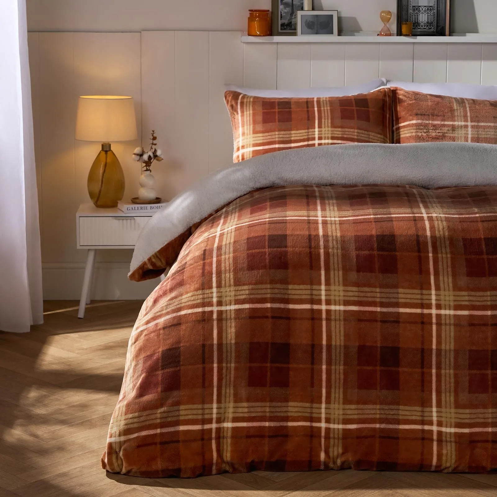 OHS Autumn Check Sherpa Fleece Thermal Duvet Cover Bedding Set in Burnt Orange