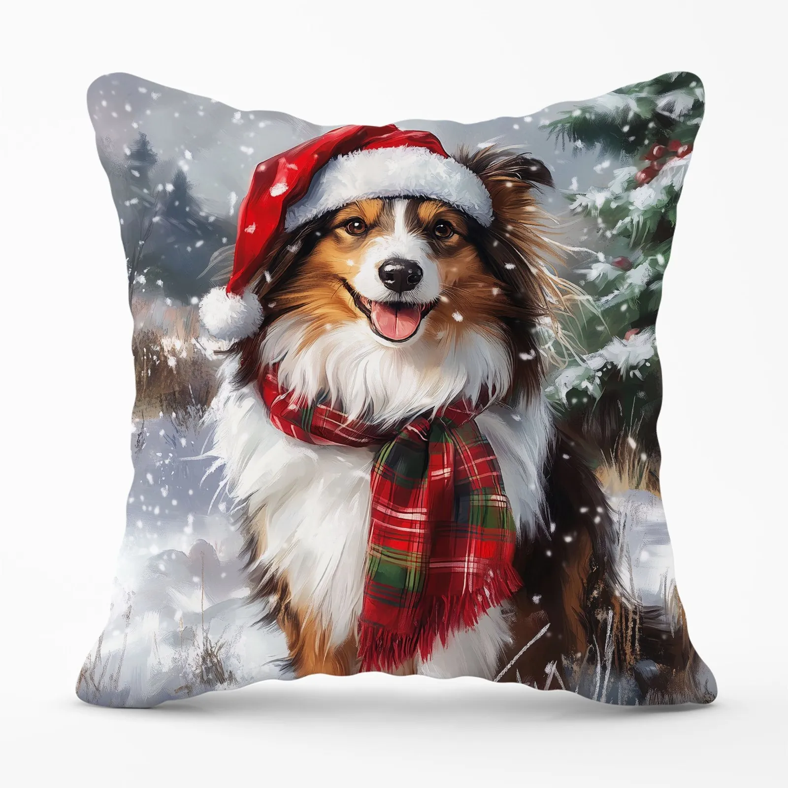 Warren Reed - Designer Snowy Christmas Shetland Sheepdog Cushion in Brown