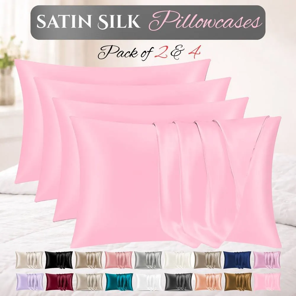 Grace Satin Silk Pillow Cases Pack of 4 Super Soft Smooth Pillow Covers in Pink