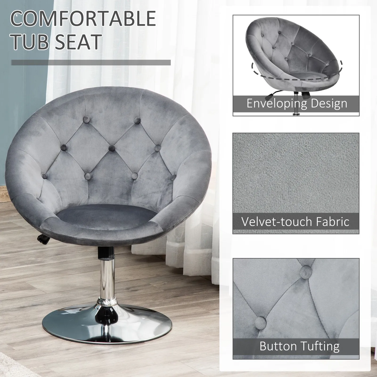 HOMCOM Dining Height Bar Stool Velvet-Touch Adjustable Height Armless Tub Chair in Grey 4