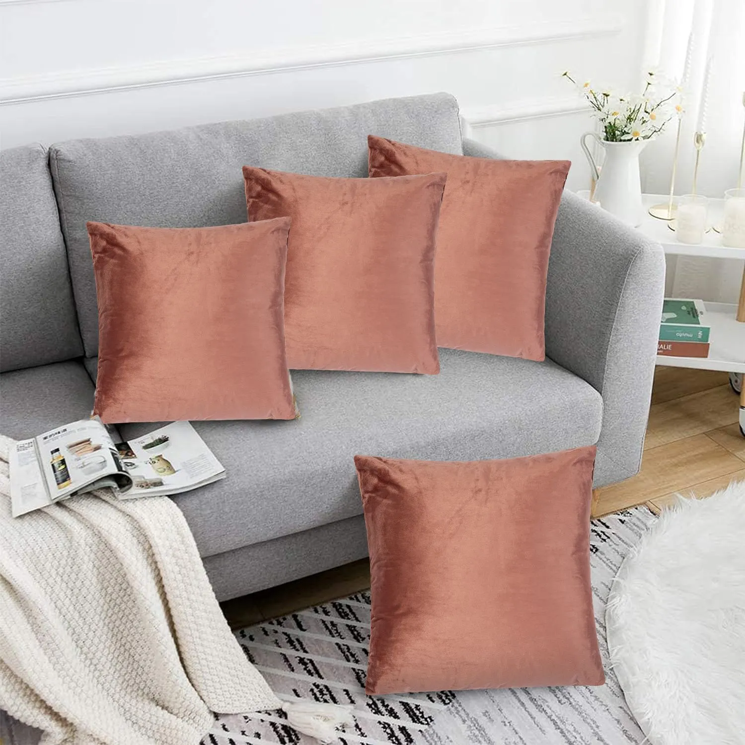 Luxury Living Luxurious Velvet Cushions Set of 4 - Soft Plush Fibre Pads, Vibrant Colours for Sofa & Bed Décor in Pink