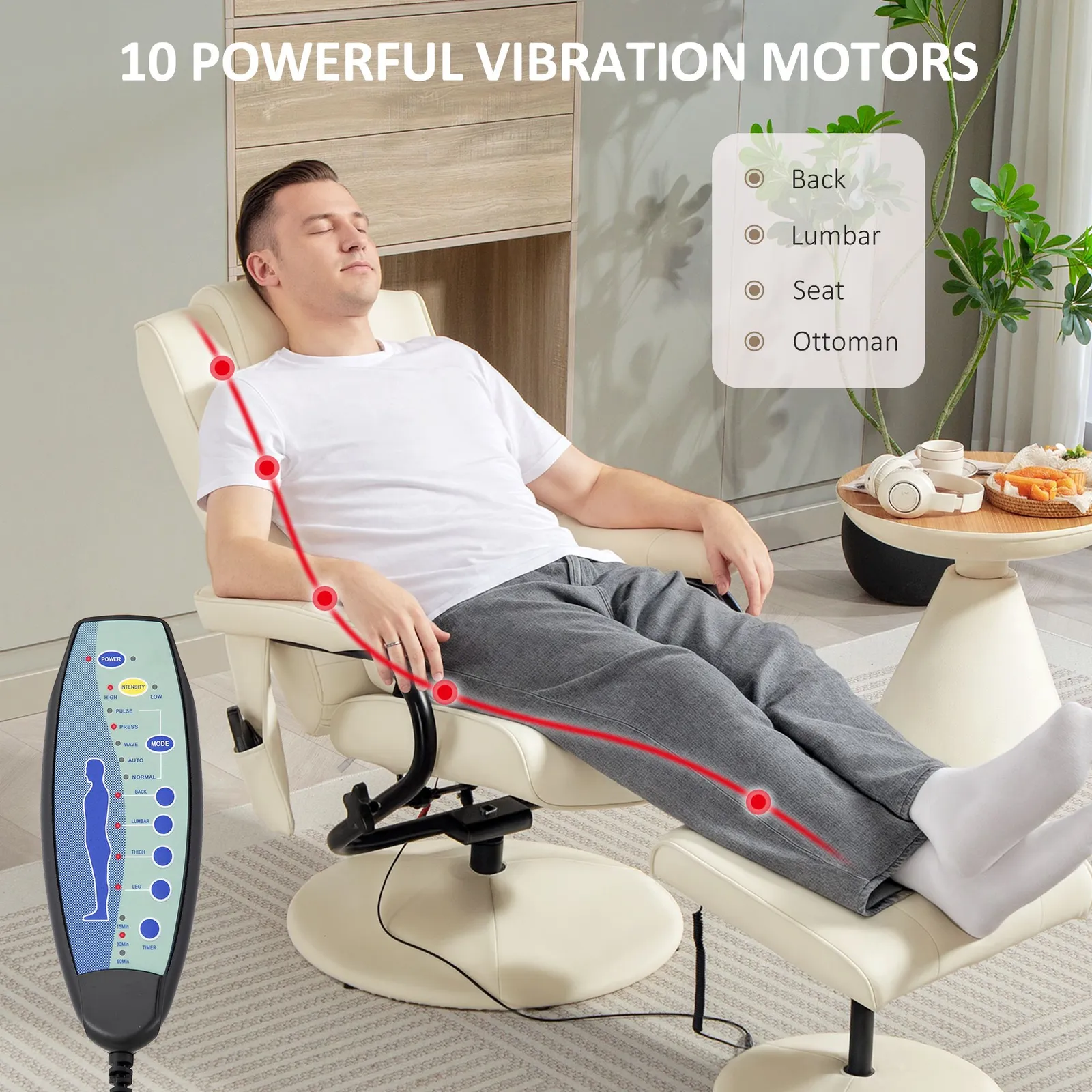 HOMCOM Massage Ottoman Cushioned Recliner Chair 10 Points Vibration Cream 4