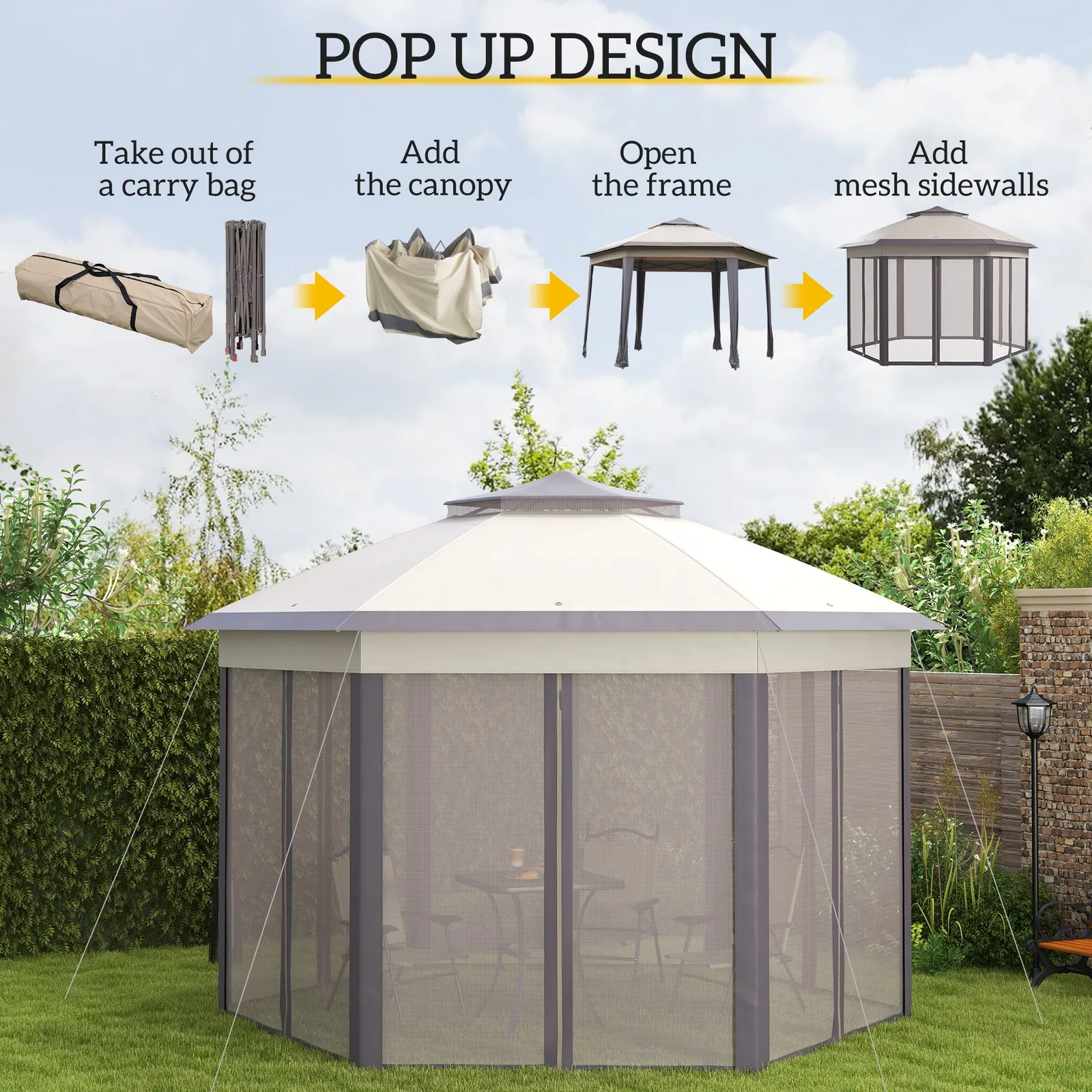OUTSUNNY 3x4m Hexagon Gazebo w/ Metal Frame Mesh Curtains Outdoor Garden in Beige 4
