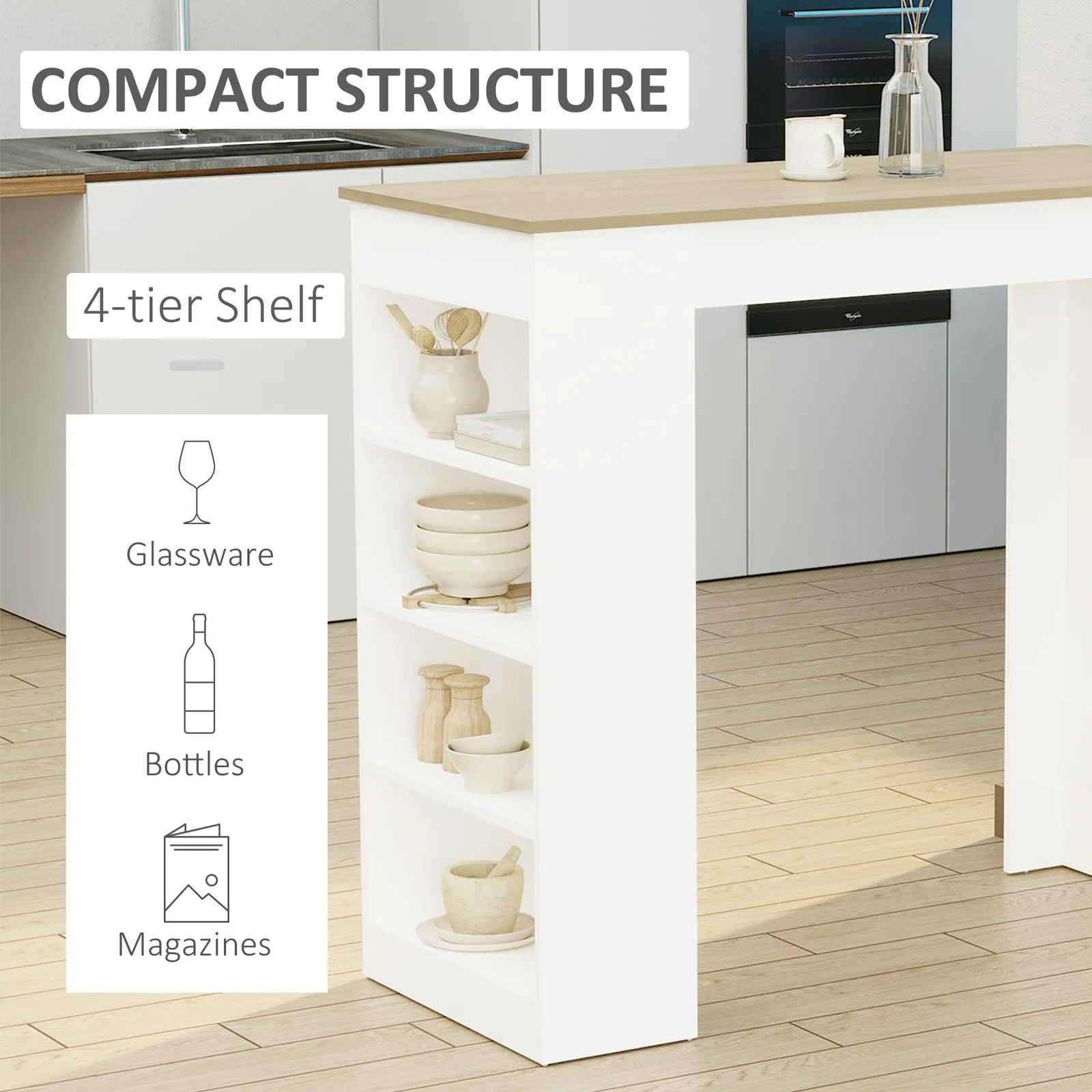 HOMCOM Table Kitchen Dining Table w/ 3-Tier Storage Shelf Living Room in Natural 4