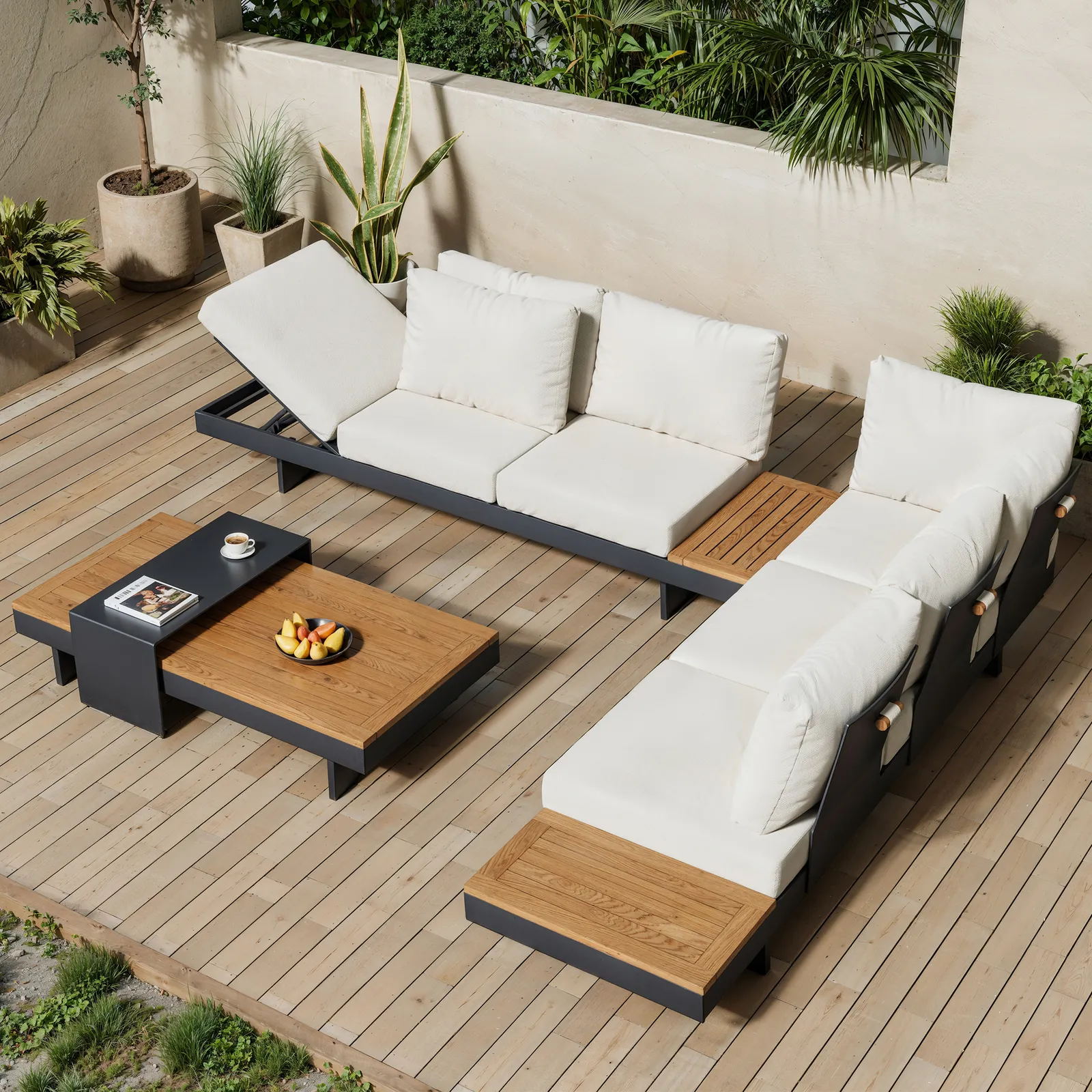 Tevara 4 PCS Modular L-Shaped Outdoor Sectional Sofa Set Modern Yard & Patio Furniture for 6 Person in Beige Cushion & Pillow Included