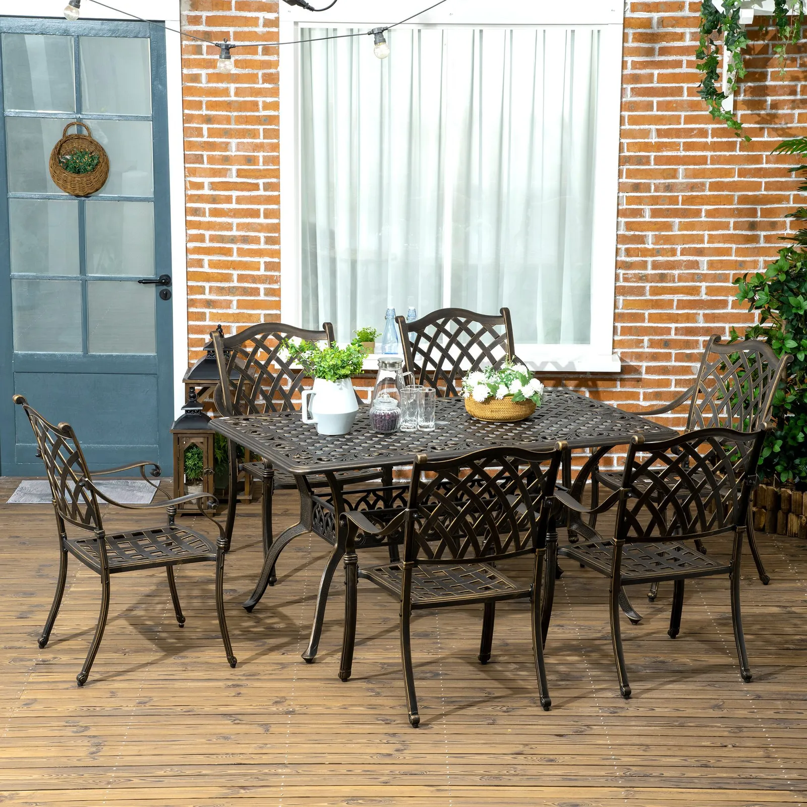 OUTSUNNY 7-PC Cast Aluminum Patio Dining Set w/ Umbrella Hole & Cushion in Bronze