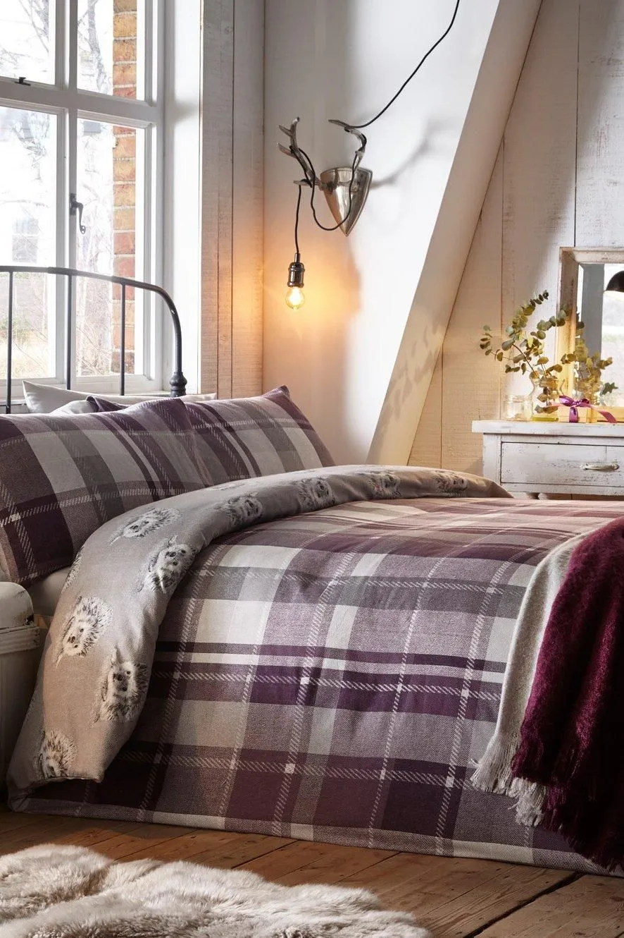 Dreams & Drapes 'Colville Check' 100% Brushed Cotton Duvet Cover Set in Plum