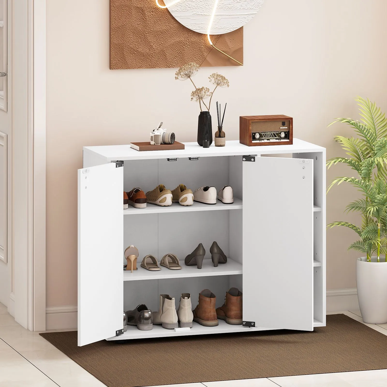 Costway 3-Tier Shoe Storage Rack Shoe Cabinet with Doors in White