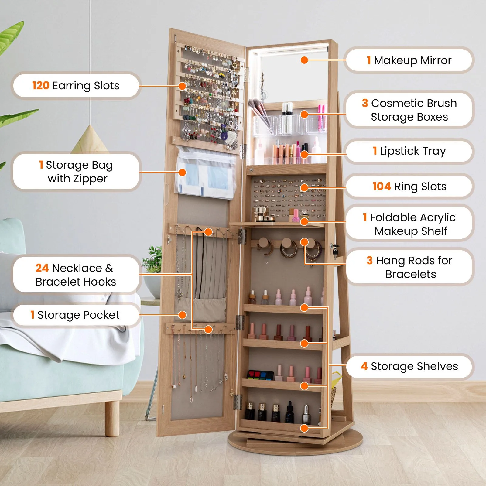Costway 360° Rotating Jewelry Armoire Standing Jewelry & Makeup Cabinet in Natural 5