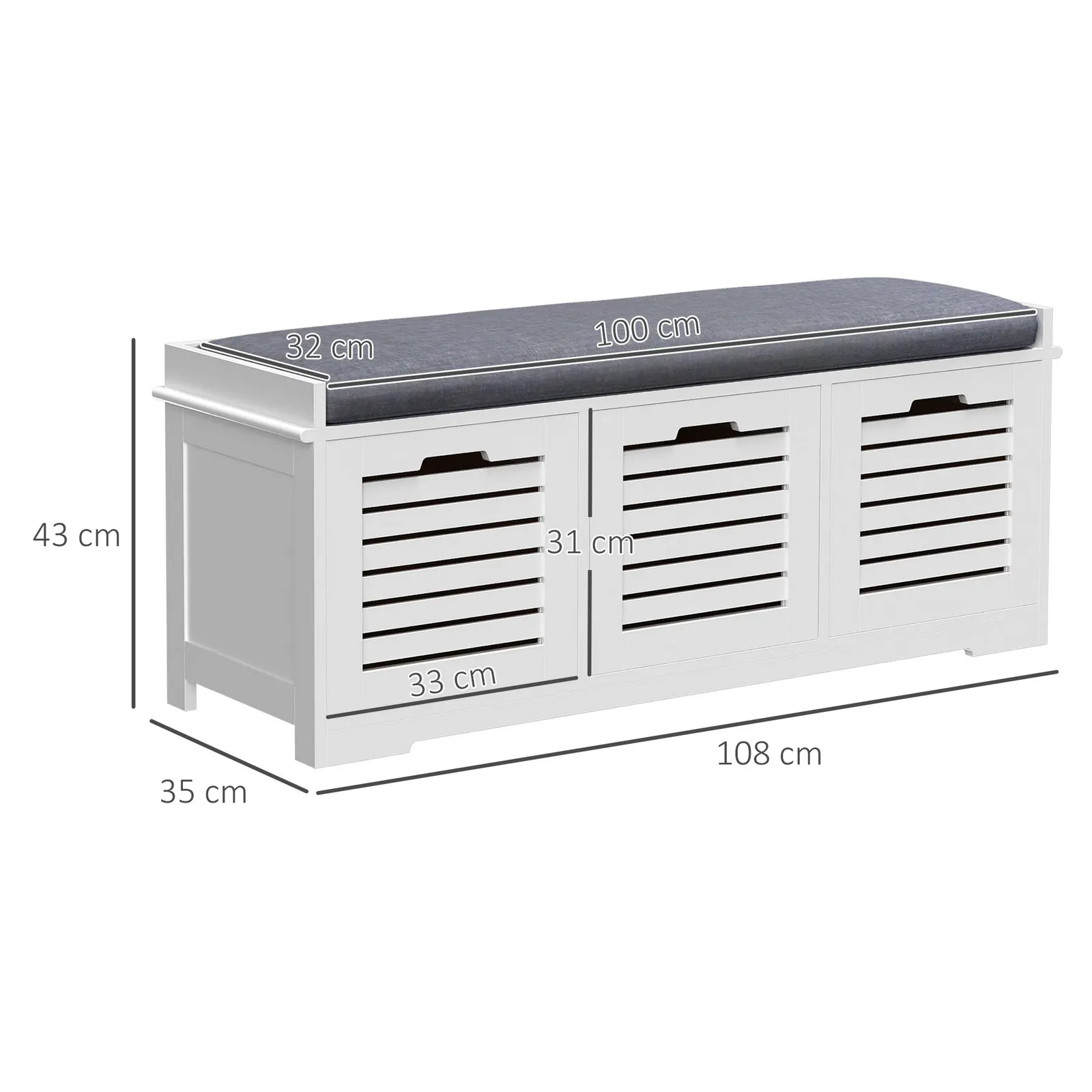 HOMCOM 3 Door Shoe Storage Bench with Cushion Seat Slatted Door Elevated Base in Grey 3