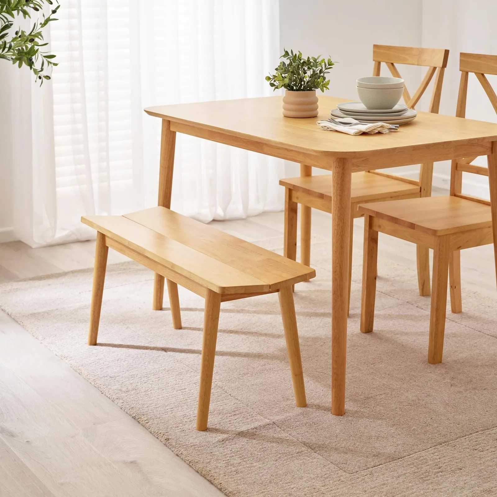 FurnitureboxUK Lynton Small Oak Effect Wooden Dining Table with 2 Millford Chairs & Bench in Light Oak 6