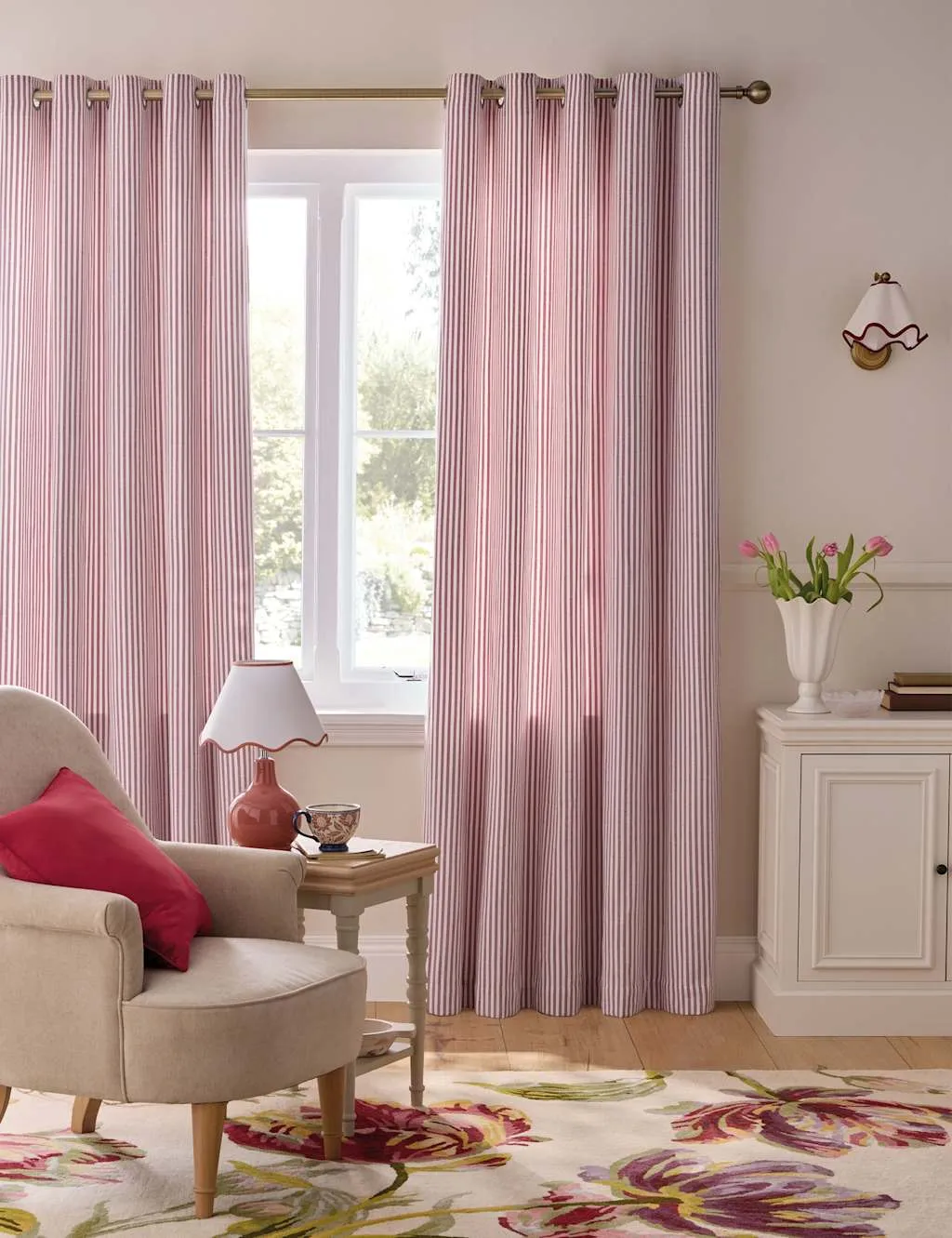 Laura Ashley Cornish Chenille Striped Eyelet Curtains Red Mix