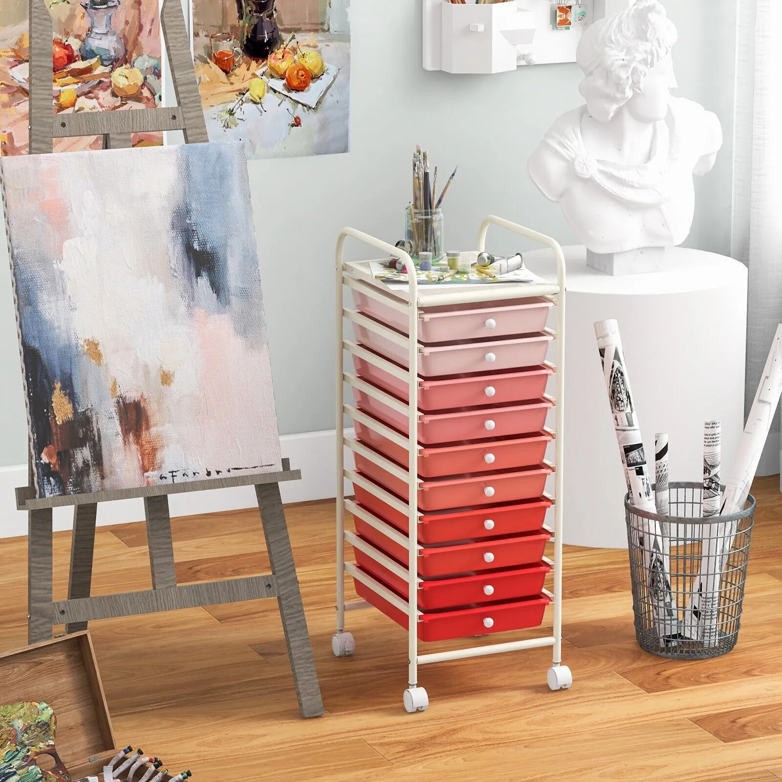 Costway 10 Drawers Storage Trolley Mobile Rolling Utility Cart Home Office Organizer in Pink 4