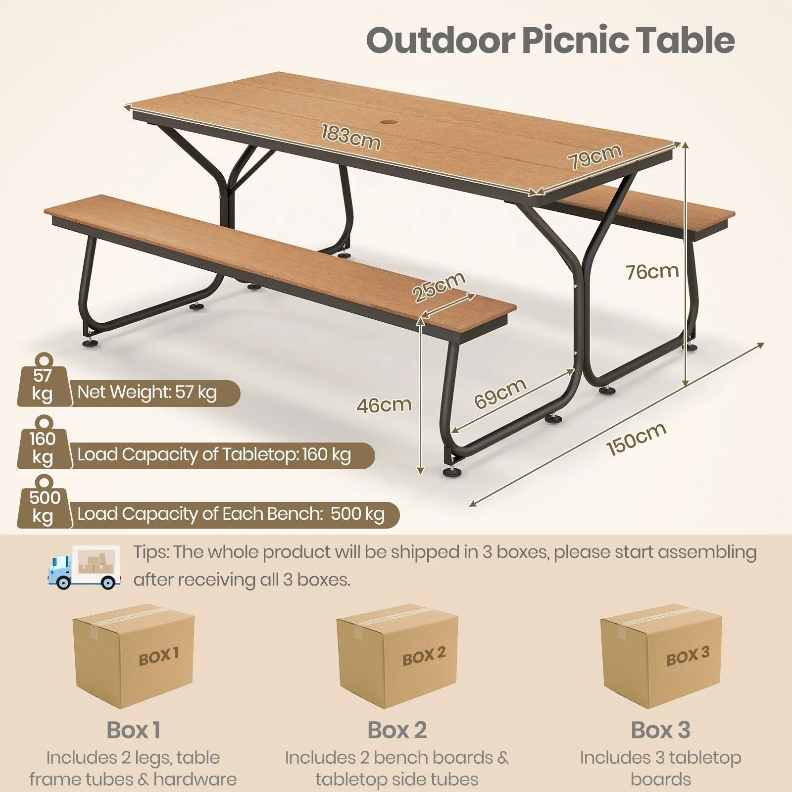 Costway Outdoor Dining Table & 2 Benches Picnic Table Bench Set w/ Umbrella Hole in Brown 2