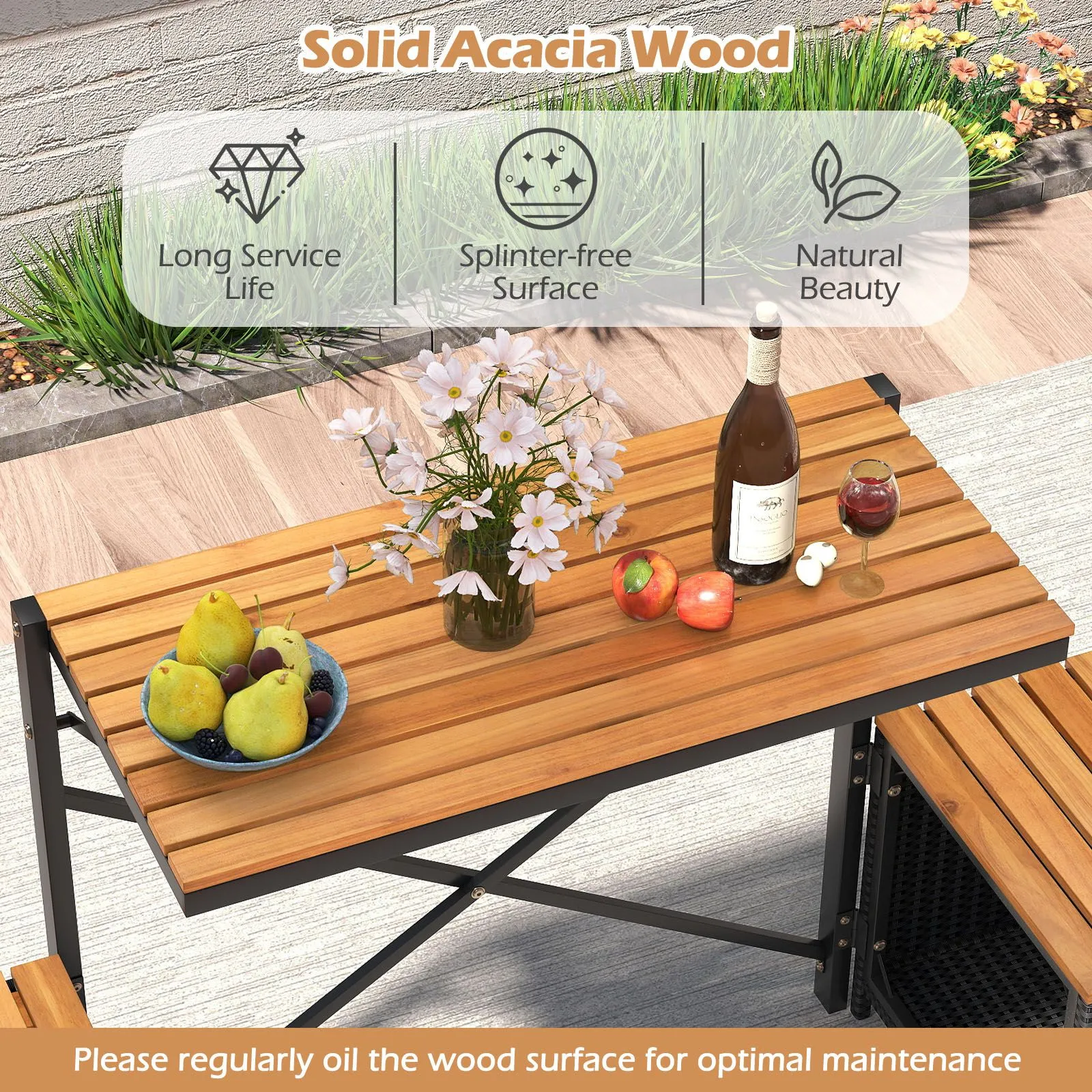 Costway Patio Furniture Set with Raised Garden Bed Table with Built-in Chairs in Brown 5