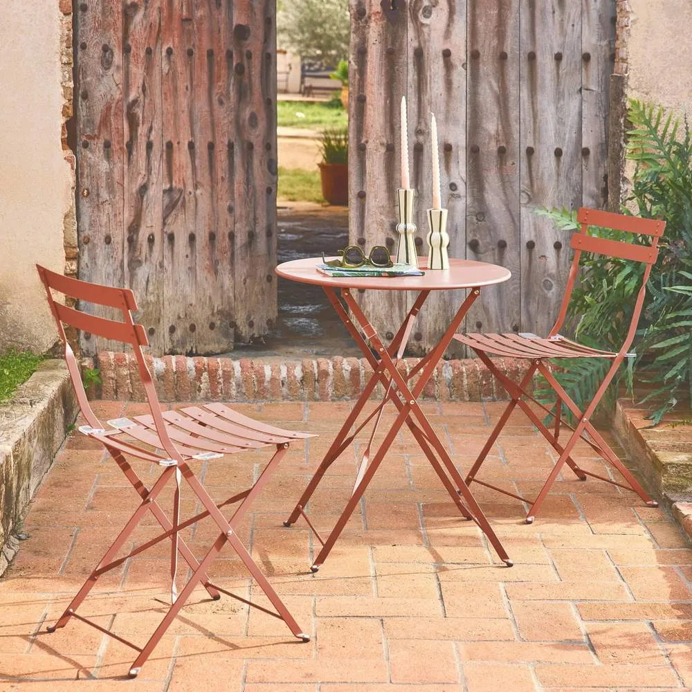 sweeek Round folding metal bistro garden table with 2 chairs in Terracotta 3