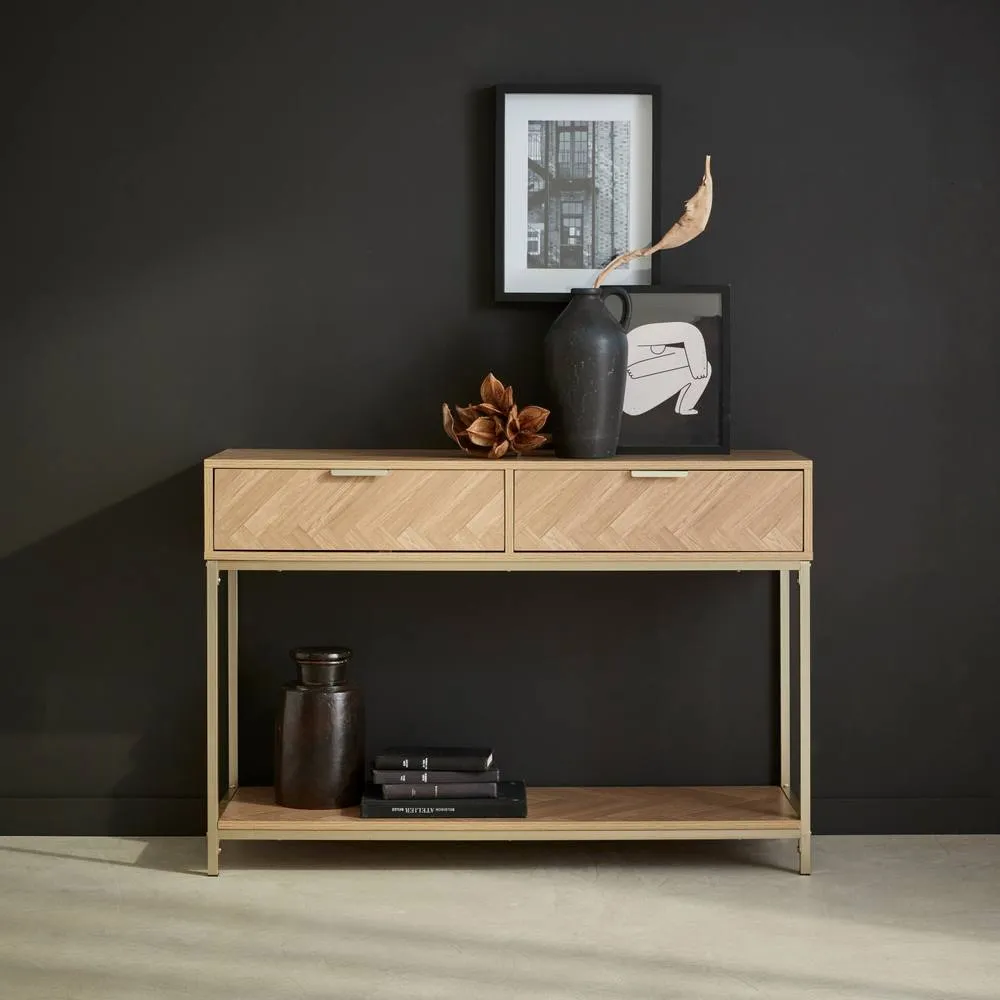 sweeek 110cm Herringbone Console Table With 2 Drawers in Light Brown