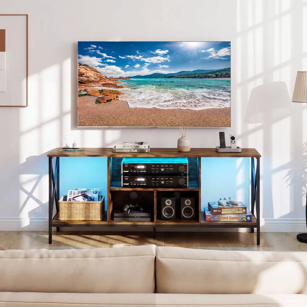 Costway TV Stand LED Lights for 65 Inch TV Power Outlets in Brown 4