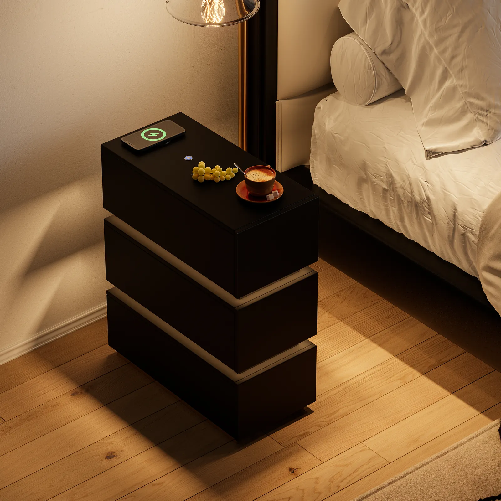 Smart LED Bedside Table Wireless Charging Station Wood Bedside Table with Light Modern