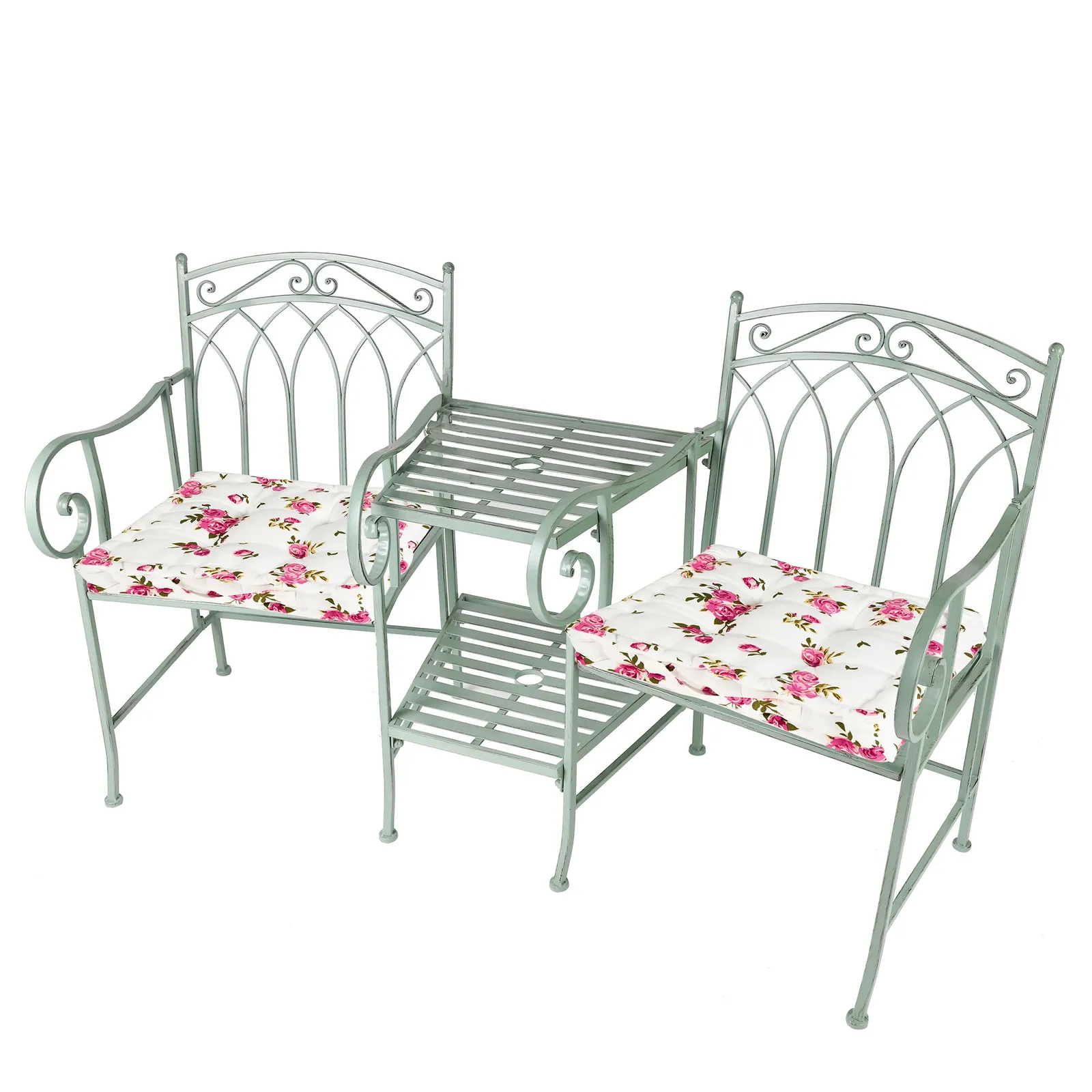 Dibor Vintage Green Arched Outdoor Garden Furniture Companion Seat Bench with Free Set of 2 Floral Box Cushions