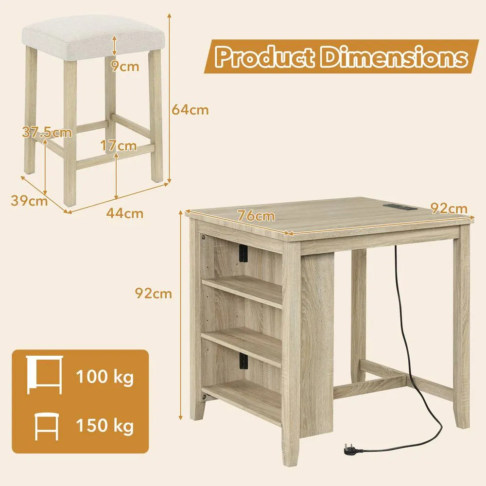 Costway 3PCS Bar Table Set Kitchen Dining Table w/ 2 Stools & Power Outlet 2